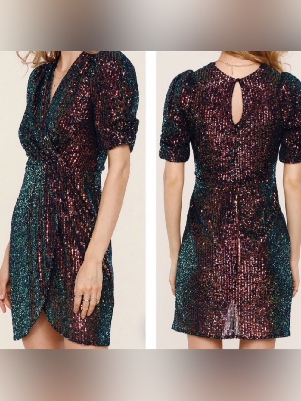 Heartloom “Felix” Faux Wrap Multicolor Sequin Dress Size L Special Occasion
